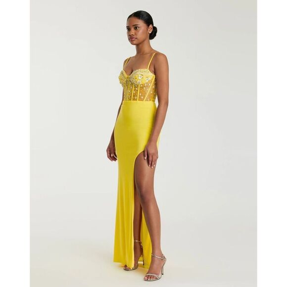 NWT MAC DUGGAL Yellow Spaghetti Strap Beaded Sheer Bodice Gown 💛 44029 size Sm - Picture 4 of 16